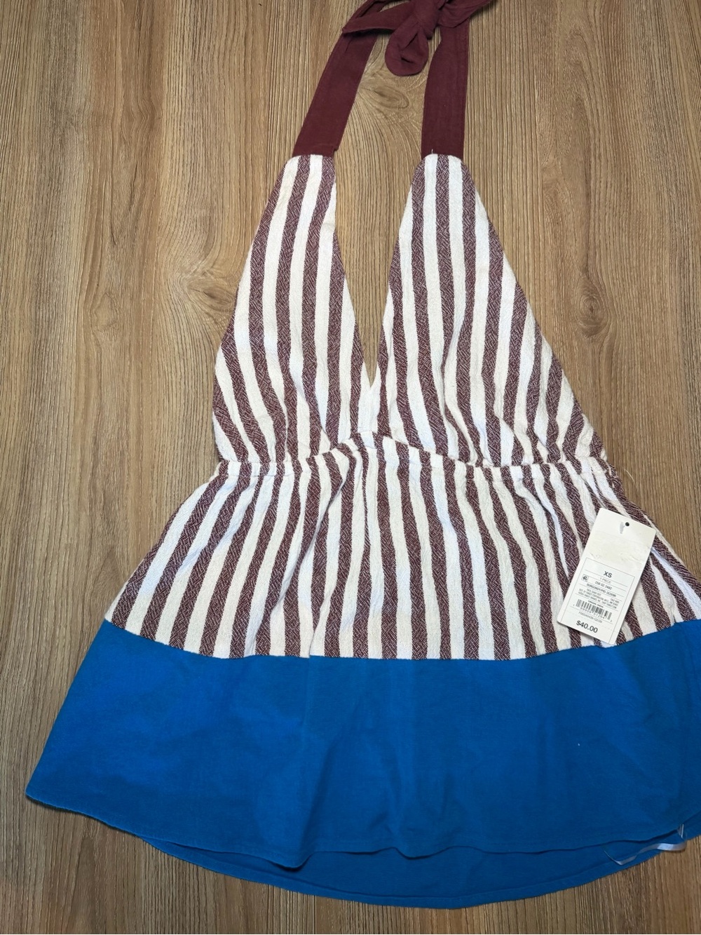 Women’s Halter Tank Top - Maroon Stripes with Blue Hem